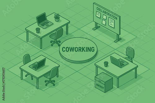 Green-toned coworking office with laptops and collaboration board