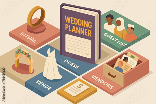 Wedding planner organizer with rituals, dress, venue, guest list, and vendors illustrated