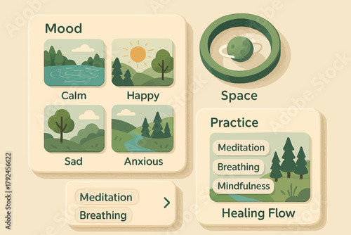 Meditation and mindfulness interface with mood and practice options