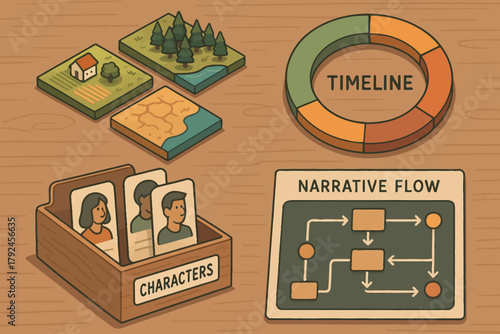 Storytelling elements: characters, timeline, narrative flow, and setting illustrated
