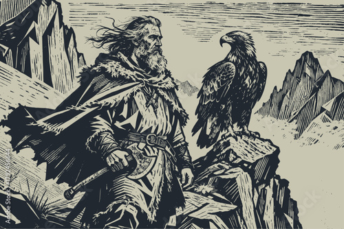 An old Viking warrior with a sword and an eagle on a mountain. Hand-drawn vector illustration in a classic vintage woodcut or engraving art style.