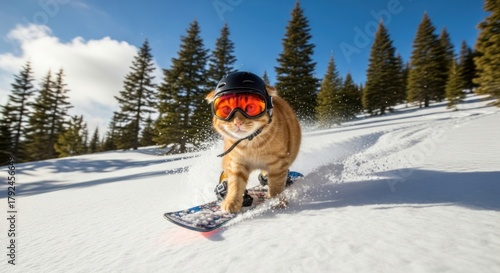 Ginger cat shredding the slopes on a snowboard with a helmet and goggles on snowy mountain landscape
