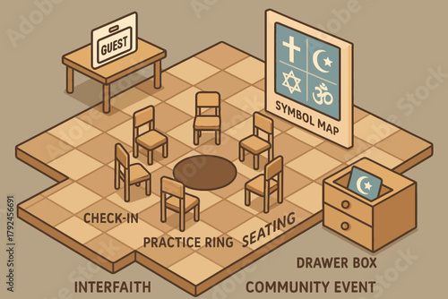 Interfaith community event setup with symbol map and seating area