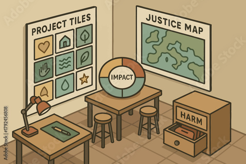 Isometric office interior with charts and globe on table