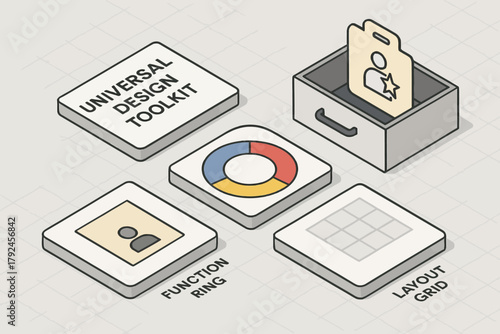 Universal design toolkit with function ring and layout grid in drawer