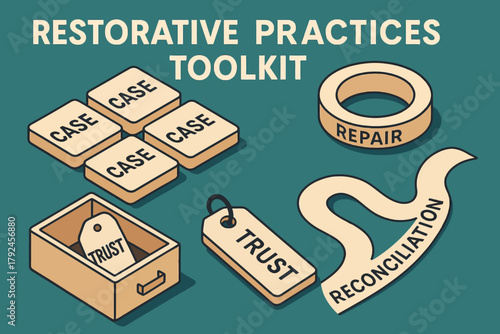 Restorative practices toolkit with case boxes, trust tags, repair and reconciliation elements