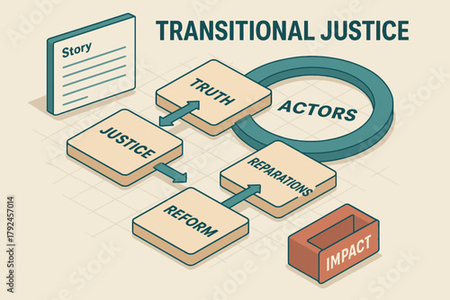 Transitional justice diagram: truth, justice, reform, reparations, impact