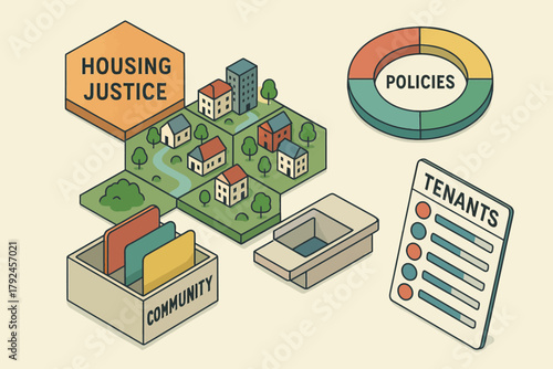 Housing justice policies concept with community and tenant graphics illustration