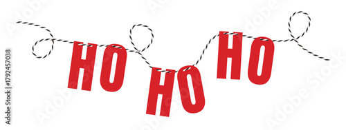 Isolated Christmas paper garland with red lettering HO HO HO on striped jute rope. Hand drawn flat element tied cotton black rope bakers twine, ribbon. Vector EPS10