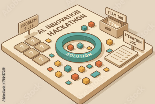 Ai innovation hackathon board with problem tiles and team iteration log