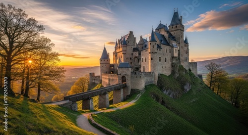Majestic Medieval Castle on Hilltop at Sunset: A Timeless Fantasy Landscape