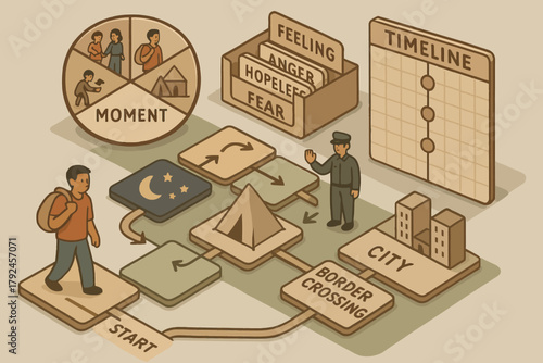 Journey map of immigrant experience with emotions and obstacles illustrated