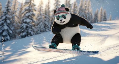 Panda Bear Having Fun Snowboarding Downhill on a Beautiful Winter Day Amidst Snow Covered Pine Trees