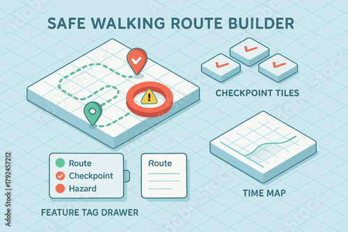 Safe walking route builder interface with checkpoint tiles and time map
