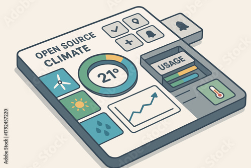 Flat design open source climate dashboard interface with temperature and usage graphics