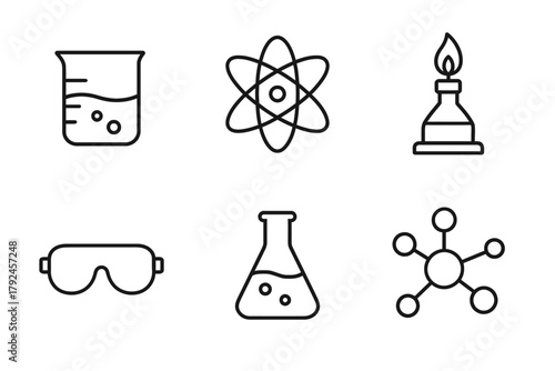 Simple line icons of laboratory equipment and chemistry symbols