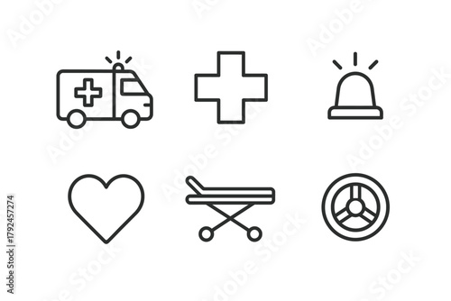 Emergency medical icons: ambulance, cross, heart, siren, stretcher, steering wheel