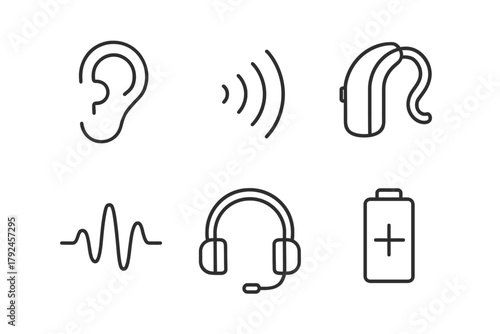 Hearing assistance symbols: ear, sound waves, hearing aid, sound wave, headphones, battery