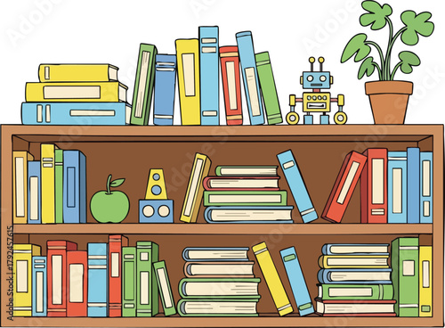 A Wooden Bookshelf Filled With Colorful Books A Toy Robot And A Potted Plant