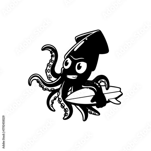 Energetic cartoon squid illustration confidently holding a surfboard, perfect for vibrant graphic design, a cheerful brand mascot, or any fun ocean character