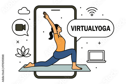 Woman practicing yoga online through a smartphone app for virtual classes