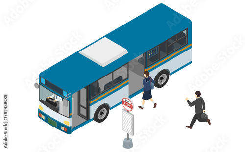 アイソメトリックイラスト：到着バスに乗り込む乗客