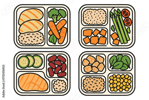 Four healthy balanced meal prep lunch boxes with diverse food portions