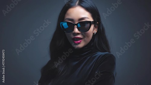 Wallpaper Mural Asian woman with dark hair, pink lipstick, wears blue reflective sunglasses. Against a dark background, this stylish portrait suits fashion, beauty, lifestyle advertising. Torontodigital.ca
