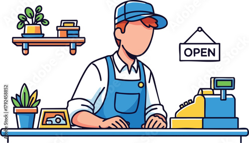 Pixel Art Store Clerk At Cash Register With Plants And Open Sign In Background