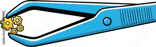 Blue Pliers Holding Small Golden Gears In The Center Of The Frame On White Background