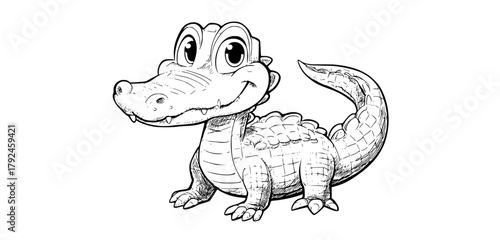 a cartoon alligator character with large eyes and a cheerful expressionanimal, crocodile, drawing, illustration 