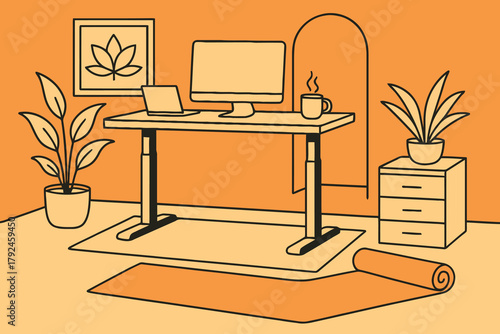 Modern home office with standing desk plants and yoga mat