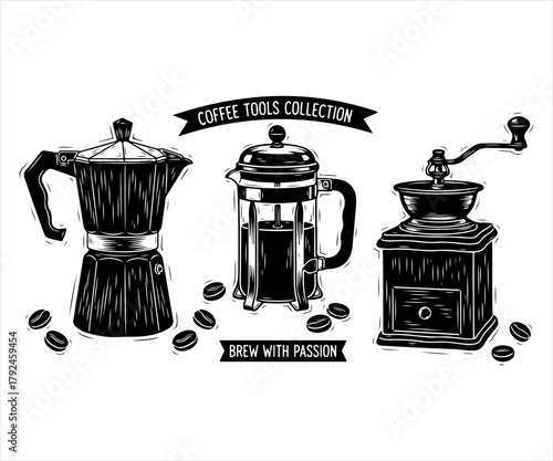 A black and white vintage-style illustration of a coffee tools collection, featuring a moka pot, french press, and manual grinder.