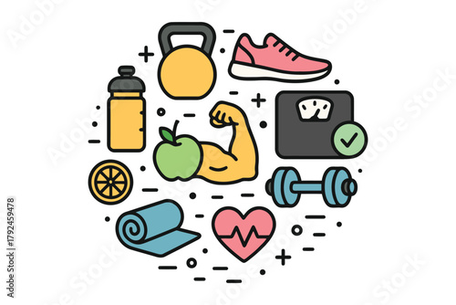 Healthy lifestyle fitness icons arranged in a circle for wellness