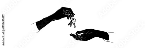a black and white illustration depicting two hands offering keys to another handbaseball glove, black, catch, fly, hand, illustration, key, kite, person, sky, string 