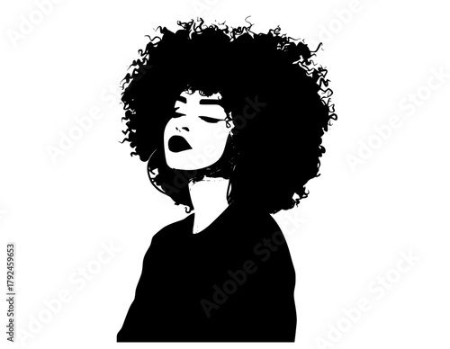 a silhouette of a woman with curly afro hairstyle, depicted in black and whiteafro, beautiful, black, close-up, cosmetic, curl, eye, face, girl, hair, illustration, portrait, profile, woman 