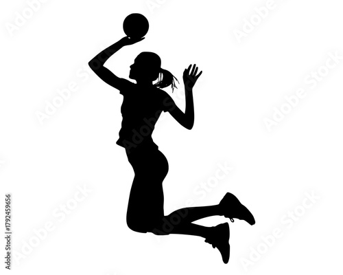 a silhouette of a female basketball player jumping to catch the ballathletic, ball, basketball, basketball player, cheerlead, girl, jump, play, profile, volleyball player, woman 