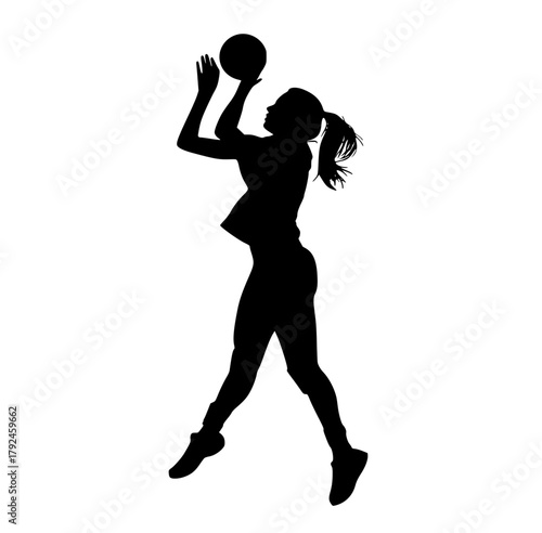 a silhouette of a female basketball player shooting a ballathletic, ball, basketball, basketball player, girl, jump, play, profile, volleyball player, woman 