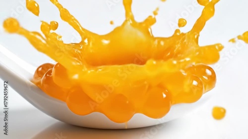 Popping mango boba pearls filling a white ceramic spoon, with an additional droplet of concentrated juice falling onto the glossy spheres against a clean white background