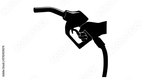 a black and white silhouette of a gas pump nozzle with a hand holding a fuel nozzleblack, catch, fill, fuel, gas, hand, hose, icon, illustration, liquid, plug, profile, pump, spray 