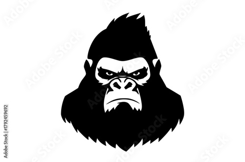 a black and white silhouette of a gorilla head with an angry expressionape, black, chimpanzee, gorilla, head, illustration, logo, profile 