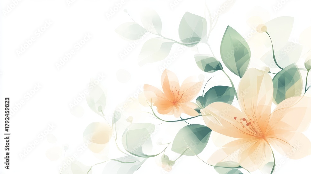 Obraz premium 16.A fresh and modern spring-themed vector background, featuring soft abstract floral shapes, delicate green branches, and pastel petals, arranged in a stylish and artistic composition.