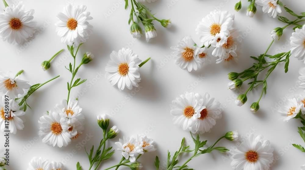 Obraz premium Fresh white daisies arranged on a light background showcasing their natural beauty