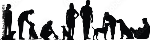 Dog interaction silhouettes, people with pets, casual poses, black shapes, training moments, playful dogs, human companionship, silhouette illustration, pet bonding, animal behavior