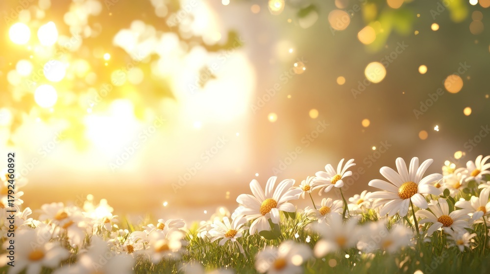 Fototapeta premium 74.A romantic, softly focused field of wildflowers, white daisies and tiny blossoms glowing under golden sunlight, gentle breeze moving through the petals, exuding warmth and nostalgia