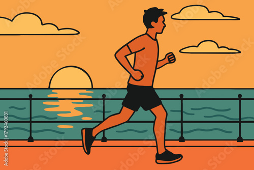 Man jogging along the waterfront at sunset with ocean and clouds