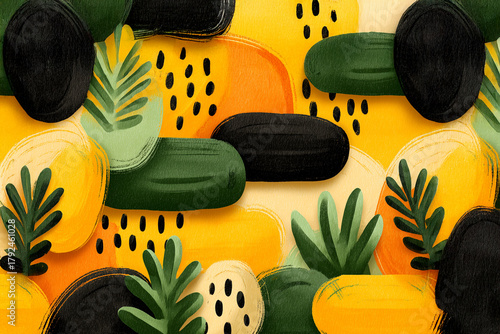 植物モチーフと丸い形が重なる明るい抽象背景