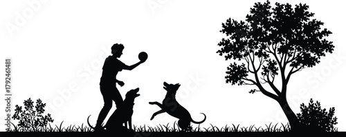 Dog play silhouettes, human interaction, outdoor scene, black shapes, park environment, playful moment, pet bonding, silhouette illustration, nature setting, animal behavior