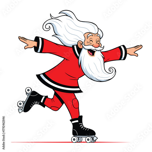 Joyful cartoon Santa Claus roller skating with long flowing white hair and beard.