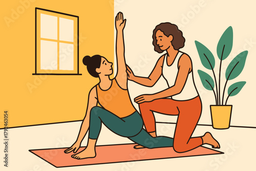 Yoga instructor guiding student in low lunge pose for flexibility and strength